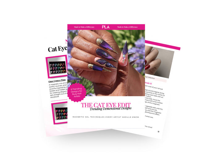 A booklet cover and two interior pages fanned out on a white background. The cover prominently shows a hand with long decorative nails and the title 'THE CAT EYE EDIT: Trending Dimensional Designs,' with pink branding and a PLA logo at the top.