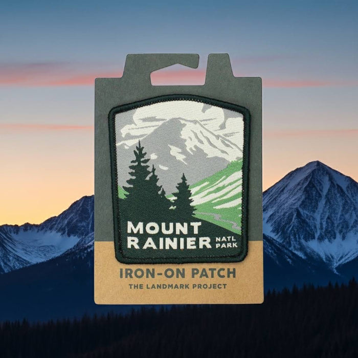Forager Provisions LTD The Landmark Project Mount Rainier National Park iron-on patch featuring a mountain landscape.