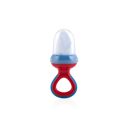 The Nibbler Mesh Net Feeder has a red and blue handle, transparent mesh pouch, and clear cap, letting infants safely try new foods while soothing gums as a baby teether.