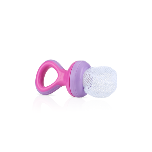 The Nibbler Mesh Net Feeder is a pink and purple baby feeder with a ring handle; its mesh pouch holds small foods for safe introduction to infants, while also serving as a gentle teether for soothing gums.