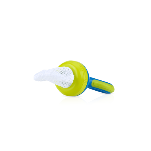 The Nibbler Mesh Net Feeder features a green and blue handle and a white mesh pouch to hold small food pieces, allowing infants to safely self-feed and try new foods. Shown here on a white background.