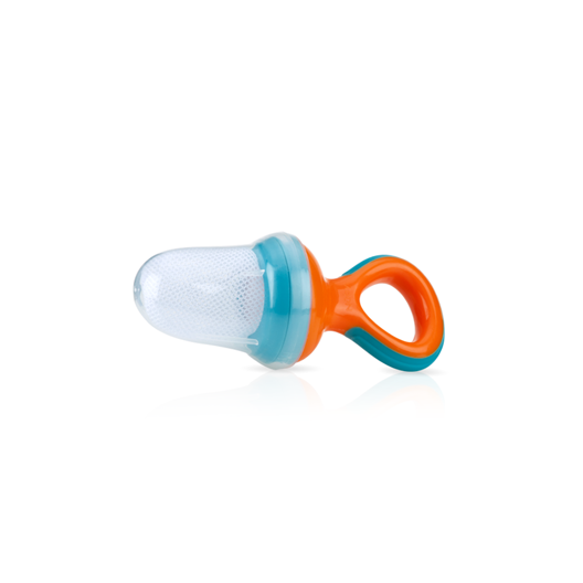 The Nibbler Mesh Net Feeder, with a blue and orange handle and mesh pouch for soft foods, lets infants safely self-feed and teethe while introducing new foods. The feeder is pictured on a white background.