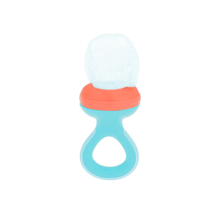 The Nibbler Mesh Net Feeder features a blue handle, orange ring, and white mesh pouch, allowing infants to safely try new foods and soothe gums as a baby teether.