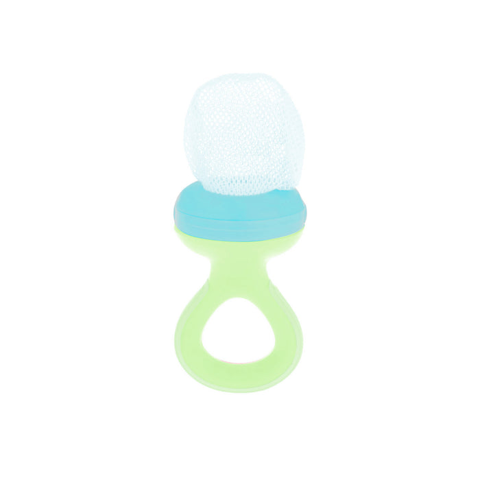 The Nibbler Mesh Net Feeder, with its green handle, blue top, and white mesh pouch, helps you introduce new foods to your baby and doubles as a teether—ideal for small pieces of fruit or vegetables.