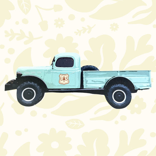 Forager Provisions LTD wooden USDA Forest Service truck sign in light green with vintage vehicle silhouette