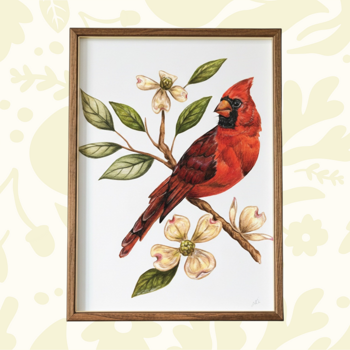 Forager Provisions LTD 11x14 art print featuring a vibrant red cardinal perched on a blooming white dogwood branch.