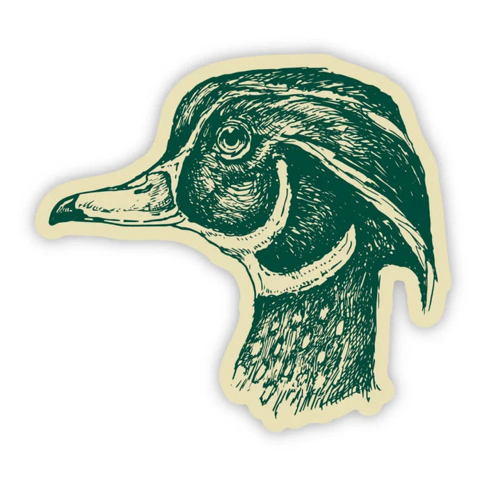 The Wild Wander Duck Sticker features a green and beige duck head line art design on durable vinyl by The Wild Wander.