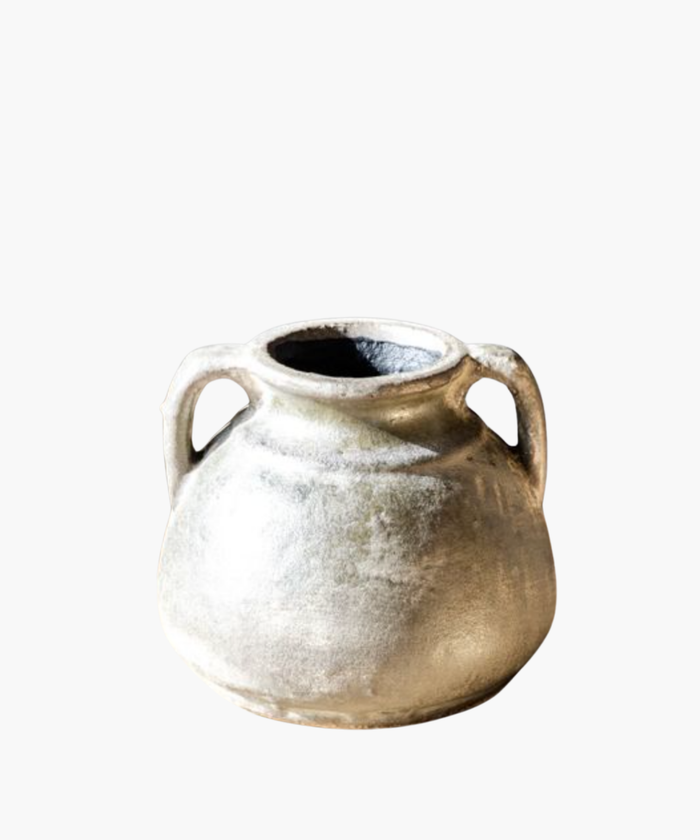 A rounded charcoal wash vase with a rustic design and two handles. | Wildwood Home Co.