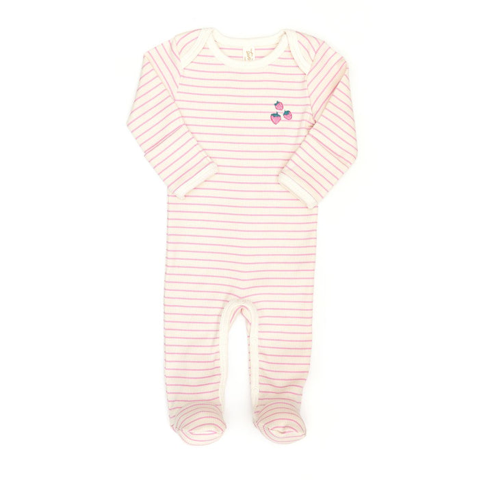 Tun Tun Lap Shoulder Ribbed Footie in  Fucshia Stripes with Strawberry