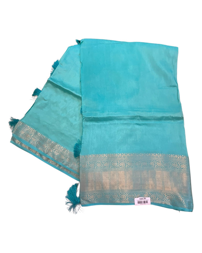 Turquoise - Handloom  -  Banarasi Crepe Saree with Blouse Piece - JOHJAN47004 10VY25