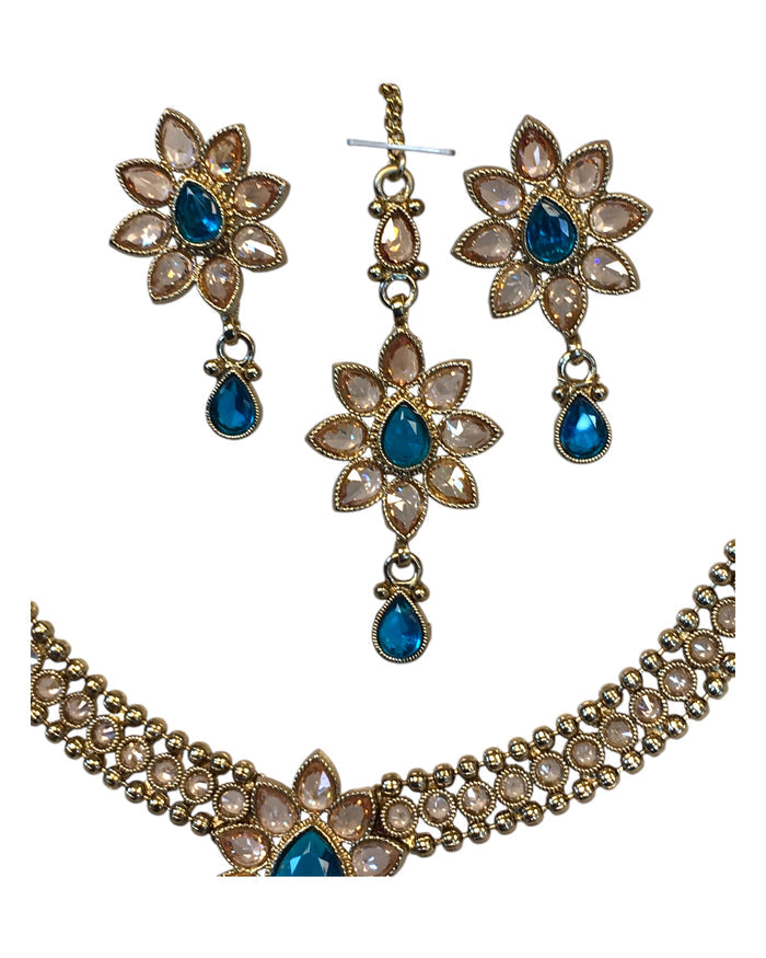 Turquoise - Medium Size Antique Gold Finish Necklace Set with Earrings & Head Piece /Tika- SLV80  11H24