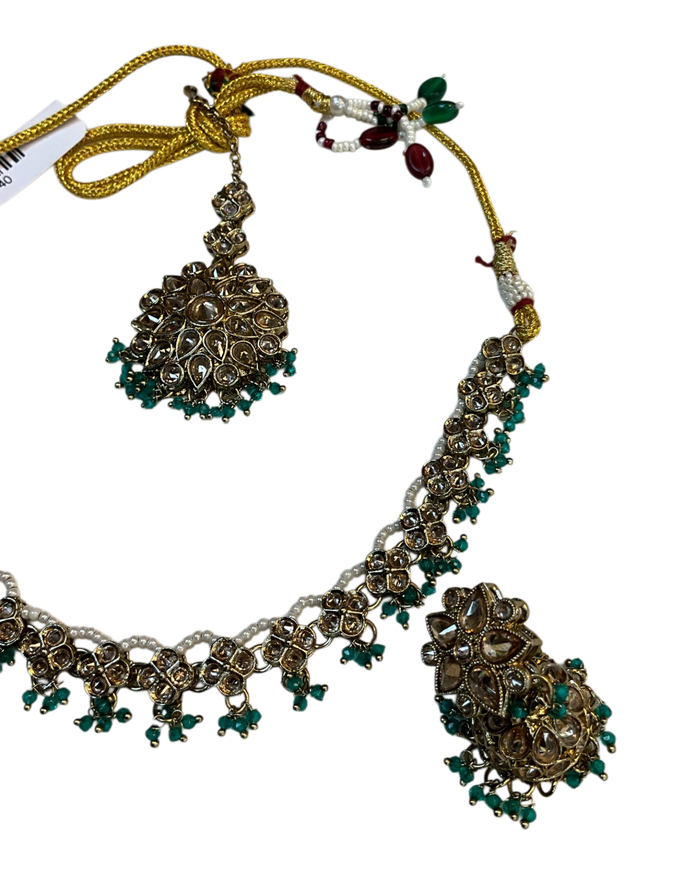 Turquoise - Medium Size Antique Gold Finish Necklace Set with Earrings & Head Piece - RAK436 04A26