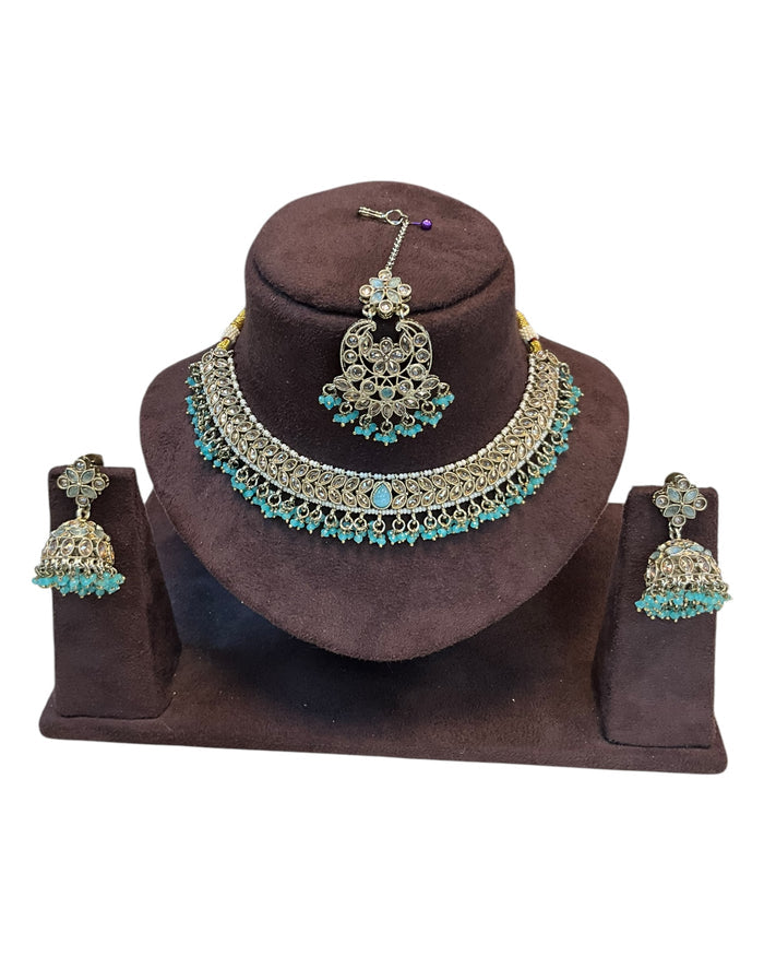 Turquoise  - Medium Size Antique Gold Finish Necklace Set with Earrings & Tika Head piece - GGA05  KV 0525