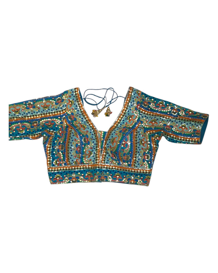 Turquoise - Tie / Dye Printed Crepe Saree / Lehenga blouse - 40" Bust (UK 14) Can be let out to size 16  - B209 01KP25