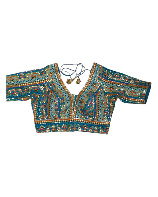 Turquoise - Tie / Dye Printed Crepe Saree / Lehenga blouse - 40" Bust (UK 14) Can be let out to size 16  - B209 01KP25