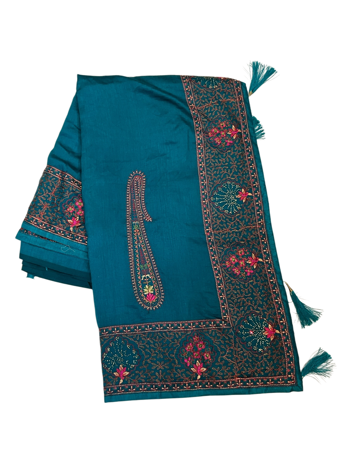 Turquoise Blue - Classic Saree with Thread Work and Blouse Piece - UK stock - 24hr Dispatch - RS2505 VY