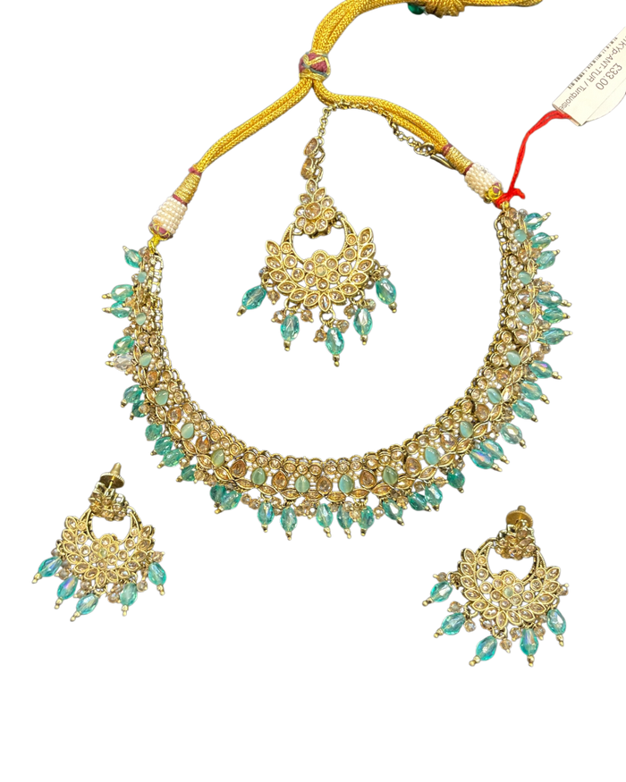 Turquoise Blue - Medium Size Antique Gold Finish Necklace Set with Earrings - RZ31 KYp