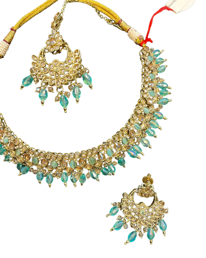 Turquoise Blue - Medium Size Antique Gold Finish Necklace Set with Earrings - RZ31 KYp