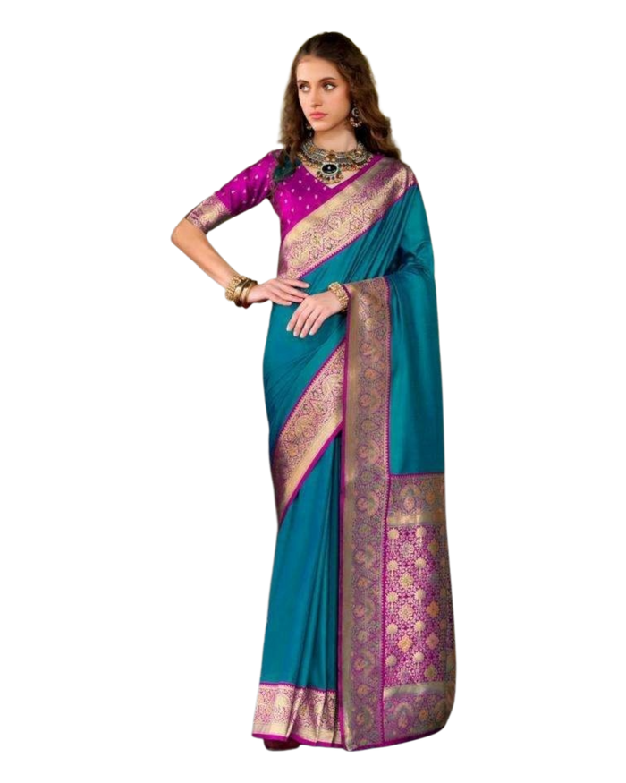 Turquoise  Blue - Traditional Silky Handloom Banarasi Saree with Blouse Piece -  12KH25 RP393