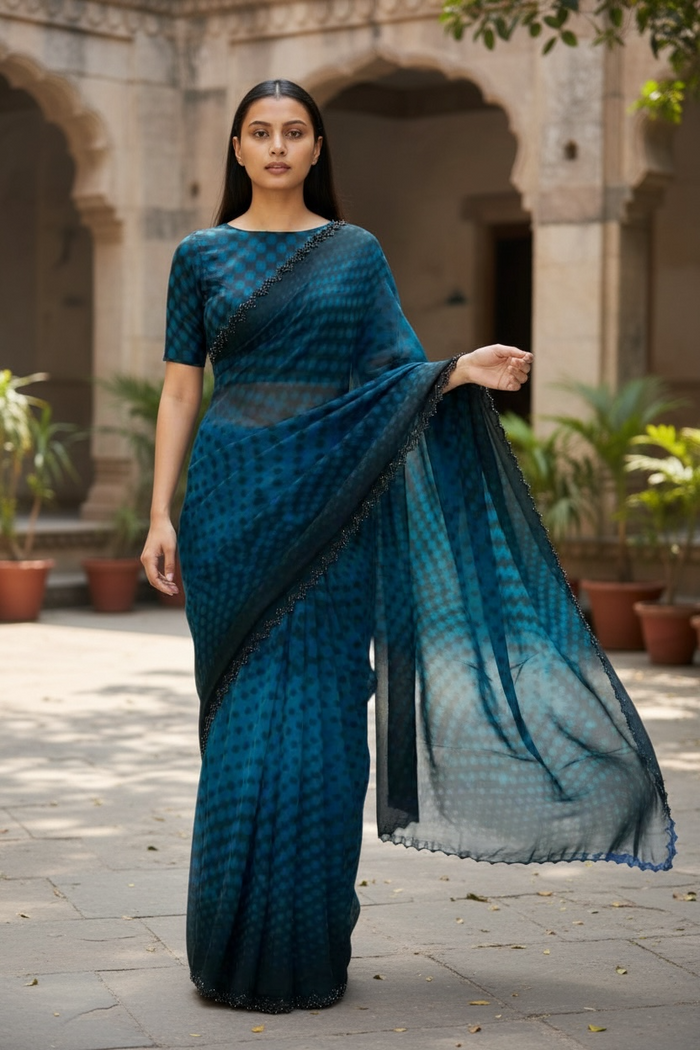 Turquoise Green - Printed Crepe Silky Saree with Blouse Piece - UK stock - 24hr Dispatch - RS2528 VR