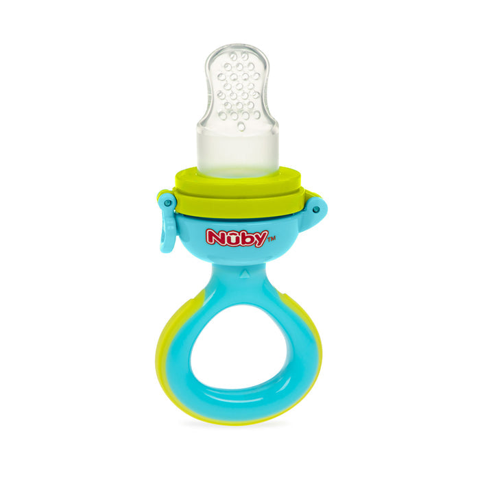 The Twist n' Feed First Soft Foods Feeder by Nuby features a blue and yellow design with a large ring handle and a clear silicone nipple pouch, making it safe and easy for infants to enjoy their first soft foods.