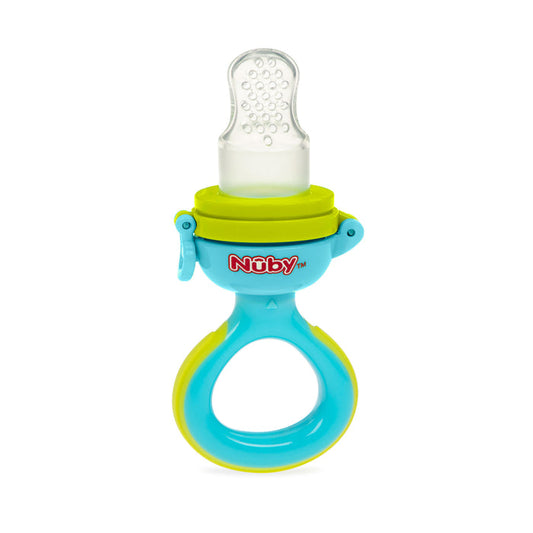 The Twist n' Feed First Soft Foods Feeder by Nuby features a blue and yellow design with a large ring handle and a clear silicone nipple pouch, making it safe and easy for infants to enjoy their first soft foods.