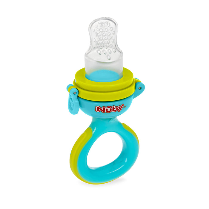 The Twist n' Feed First Soft Foods Feeder features a blue and yellow design, looped handle, clear silicone nipple for holding food, and the Nuby logo on the side. Perfect as a teething feeder for little ones.