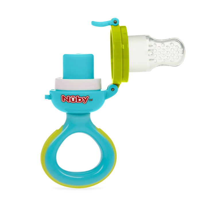 The Twist n' Feed First Soft Foods Feeder is shown open with the cap lifted. It has a blue and yellow design, a silicone nipple, a handle, and Nuby printed on the side in red letters.