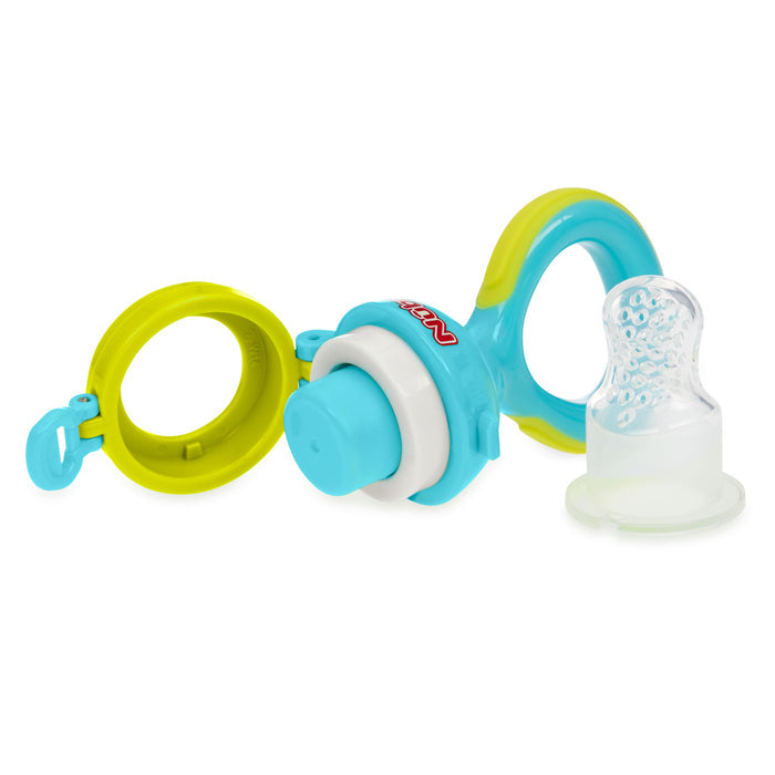 The Twist n' Feed First Soft Foods Feeder in blue and yellow features a ring handle, transparent silicone nipple pouch, and open cap; shown disassembled on a white background.