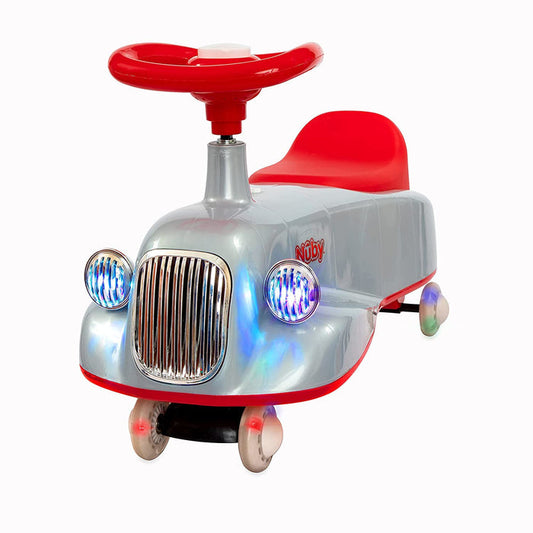 The Twist N' Ride Classic Car for kids comes in gray and red with a large red steering wheel, shiny front grille, blue LED headlights, and stunning light-up wheels, shown against a white background.
