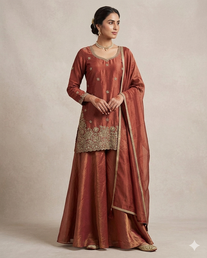 UK 10 / 36" - Coral - Silky Brocade Ladies Sharara / Palazzo Trousers Suit - Sangeet / Henna / Temple - JF1234 05TC26