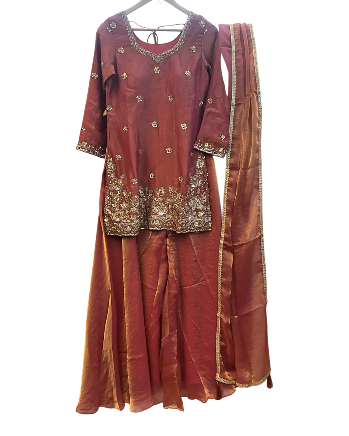 UK 10 / 36" - Coral - Silky Brocade Ladies Sharara / Palazzo Trousers Suit - Sangeet / Henna / Temple - JF1234 05TC26