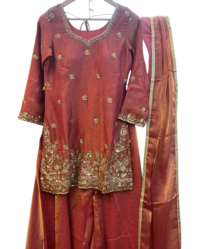 UK 10 / 36" - Coral - Silky Brocade Ladies Sharara / Palazzo Trousers Suit - Sangeet / Henna / Temple - JF1234 05TC26