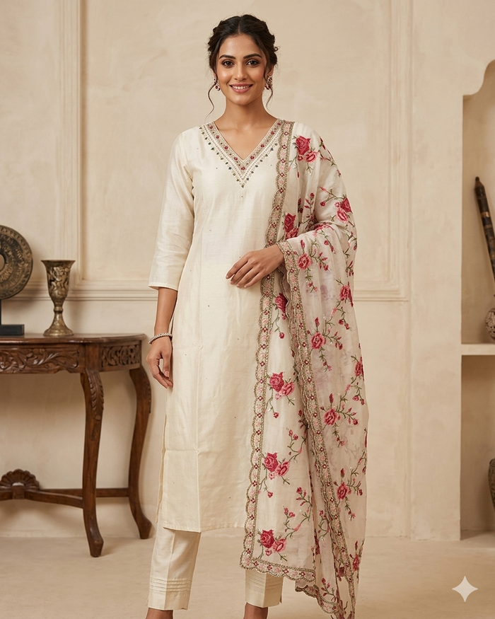 UK 10 / 36" - Cream - Silky Ladies Trousers Suit - Sangeet / Henna / Temple - OC42228 TP