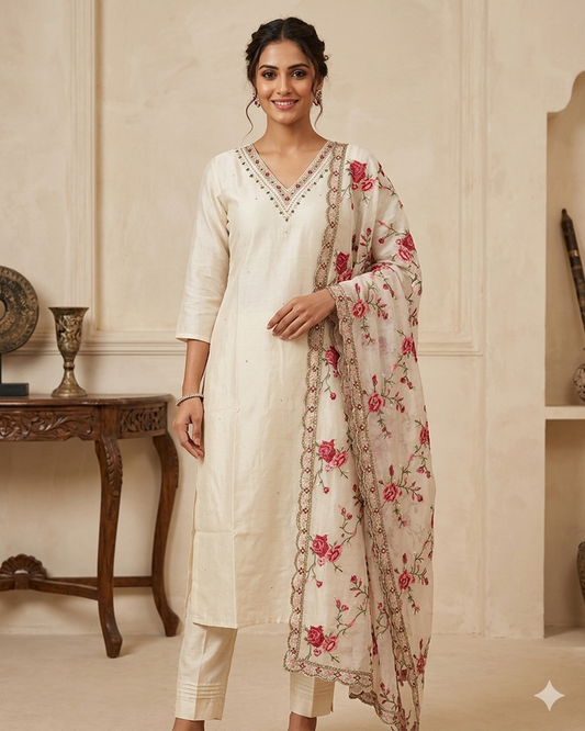 UK 10 / 36" - Cream - Silky Ladies Trousers Suit - Sangeet / Henna / Temple - OC42228 TP