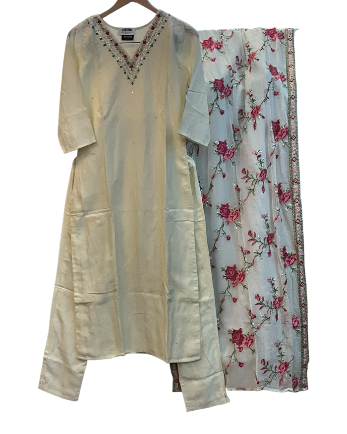UK 10 / 36" - Cream - Silky Ladies Trousers Suit - Sangeet / Henna / Temple - OC42228 TP