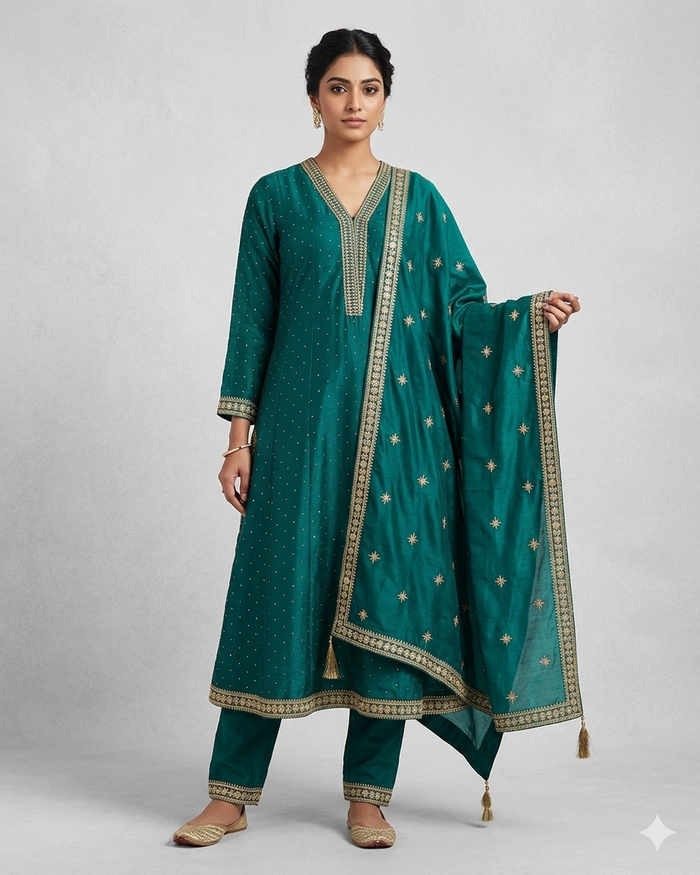 UK 10 / 36" - Jade Green - Crepe Ladies Anarakali Suit - Sangeet / Henna / Temple - OC89007 TV