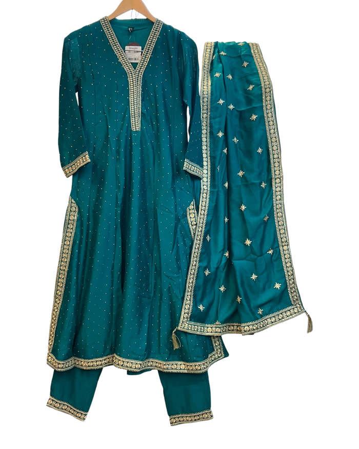 UK 10 / 36" - Jade Green - Crepe Ladies Anarakali Suit - Sangeet / Henna / Temple - OC89007 TV