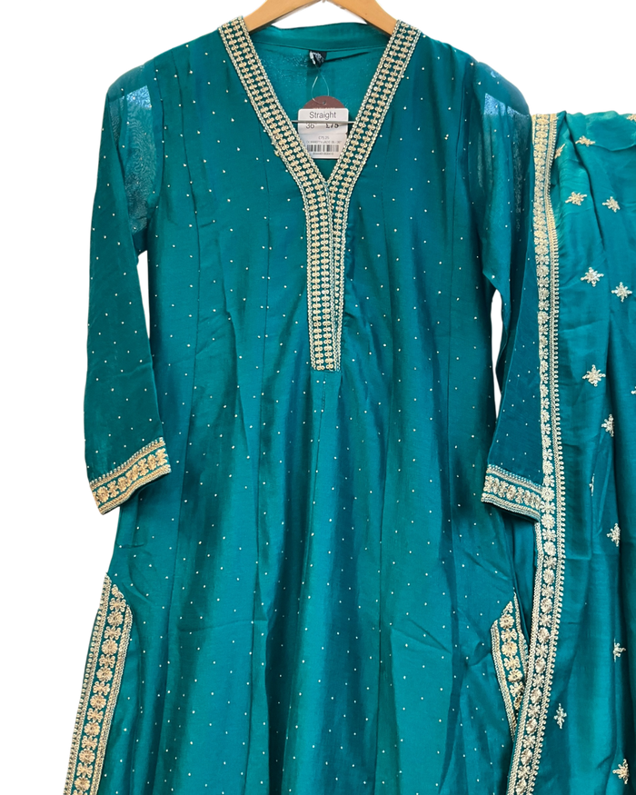 UK 10 / 36" - Jade Green - Crepe Ladies Anarakali Suit - Sangeet / Henna / Temple - OC89007 TV