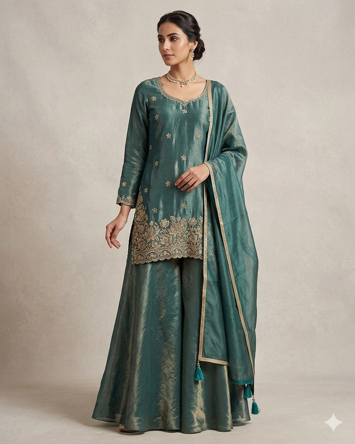 UK 10 / 36" - Sea Green - Silky Brocade Ladies Sharara / Palazzo Trousers Suit - Sangeet / Henna / Temple - JF1234 05TC26