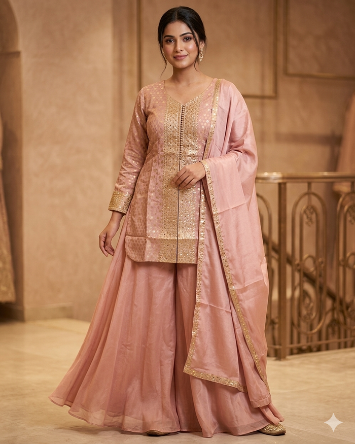 UK 12 / 38" - Baby Pink - Ladies Sharara / Palazzo Trousers Suit - UK Stock - Sangeet / Henna / Weddings - OC21195 VA