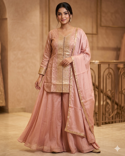 UK 12 / 38" - Baby Pink - Ladies Sharara / Palazzo Trousers Suit - UK Stock - Sangeet / Henna / Weddings - OC21195 VA