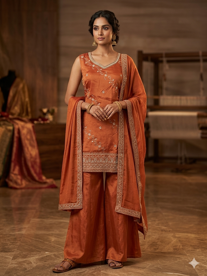 UK 12 / 38" - Burnt Orange - Ladies Sharara / Palazzo Trousers Suit - UK Stock - Sangeet / Henna / Weddings - OC7302 VC