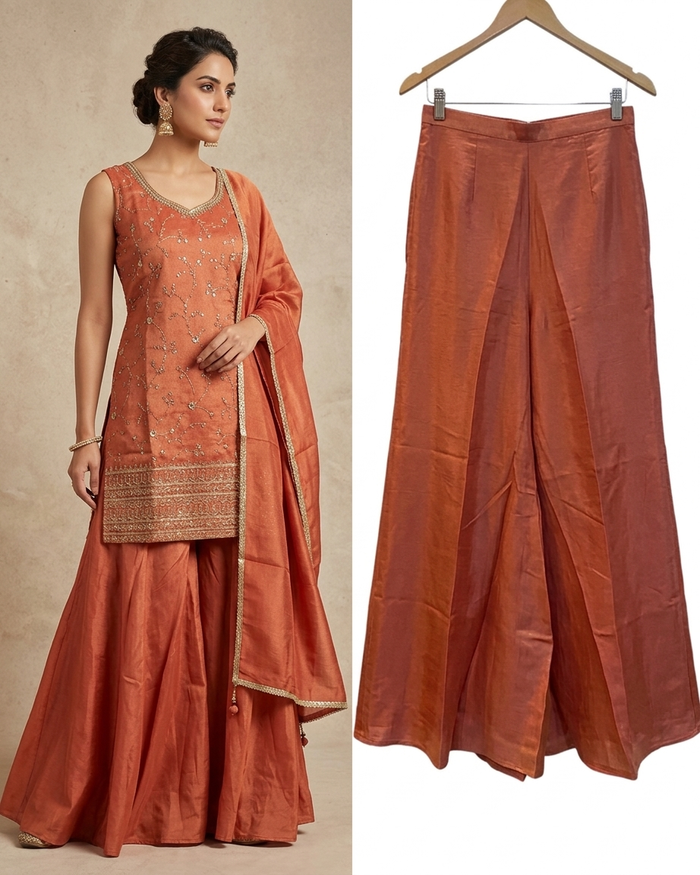 UK 12 / 38" - Coral - Ladies Sharara / Palazzo Trousers Suit - UK Stock - Sangeet / Henna / Weddings - OC7301 VC