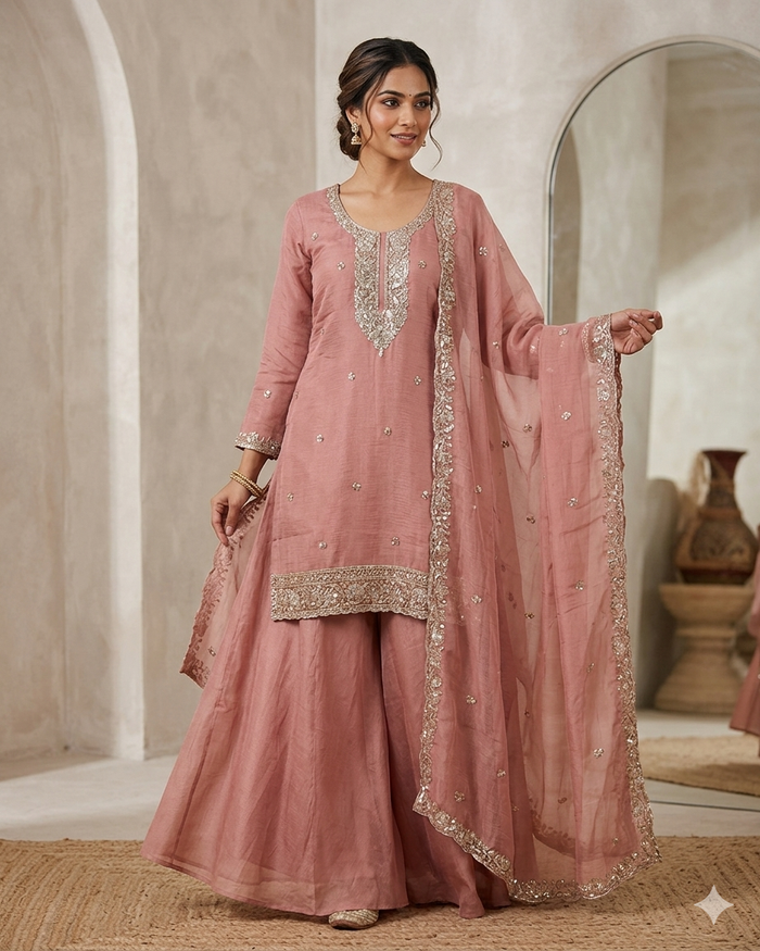 UK 12 / 38" - Coral - Ladies Sharara / Palazzo Trousers Suit - UK Stock - Sangeet / Henna / Weddings - DIL13113 TT