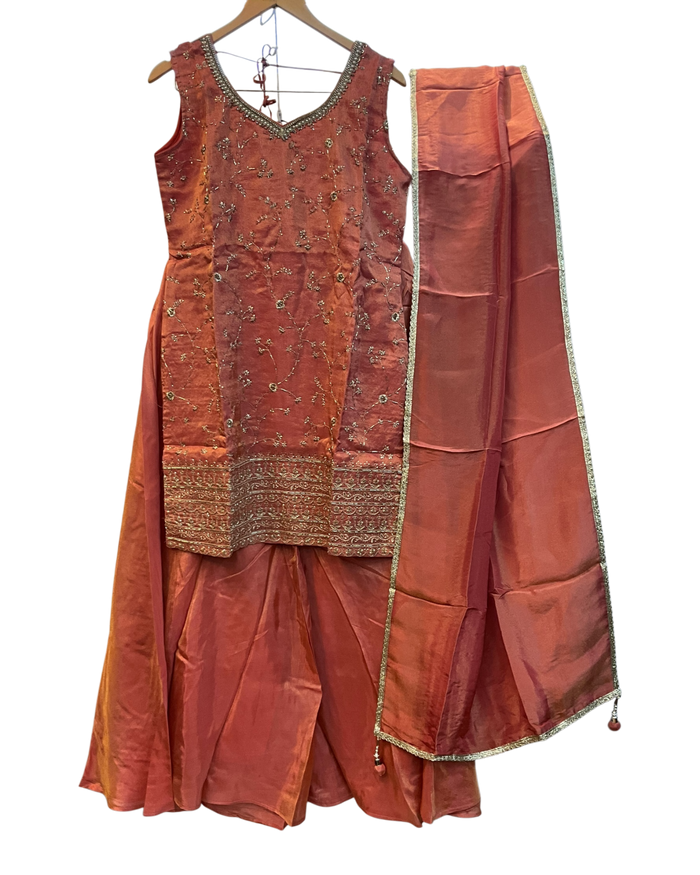 UK 12 / 38" - Coral - Ladies Sharara / Palazzo Trousers Suit - UK Stock - Sangeet / Henna / Weddings - OC7301 VC