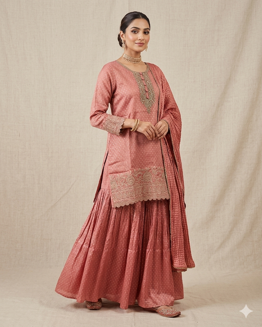 UK 12 / 38" - Coral Pink - Ladies Sharara / Palazzo Trousers Suit - UK Stock - Sangeet / Henna / Weddings - HEL6501 JY