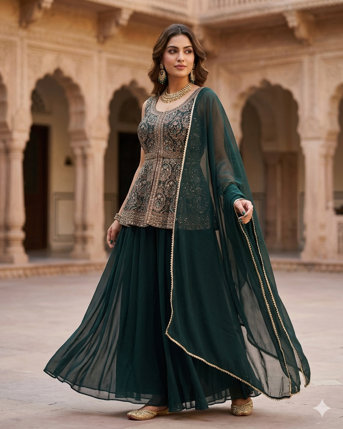 UK 12 / 38" - Dark Teal - Ladies Sharara / Palazzo Trousers Suit - UK Stock - Sangeet / Henna / Weddings - OC2467 TT