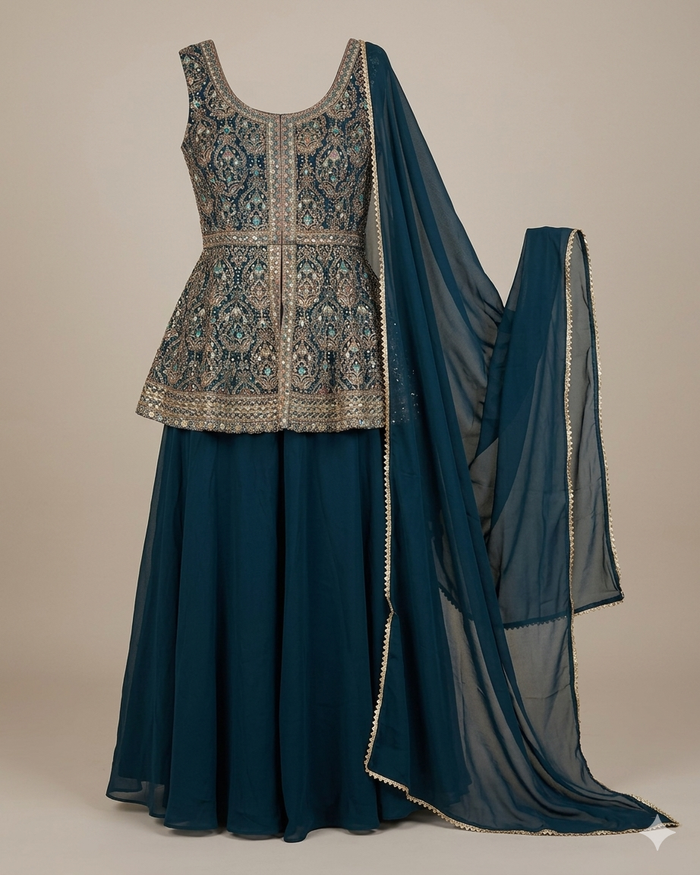UK 12 / 38" - Dark Teal - Ladies Sharara / Palazzo Trousers Suit - UK Stock - Sangeet / Henna / Weddings - OC2467 TT