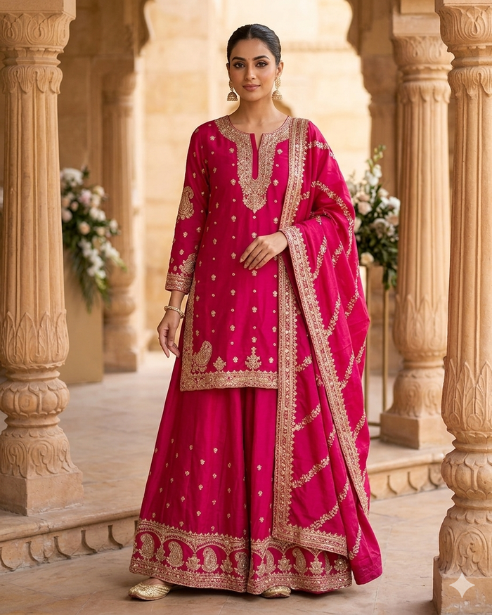 UK 12 / 38" - Fuchsia Pink - Ladies Sharara / Palazzo Trousers Suit - UK Stock - Sangeet / Henna / Weddings - OC83008 JV